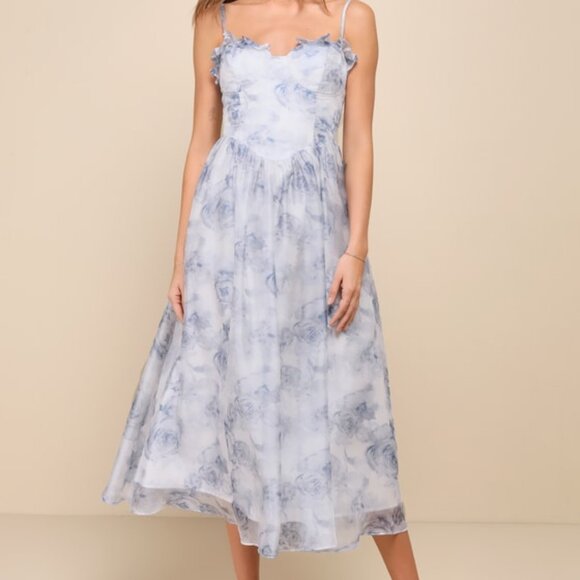 Lulus Dresses & Skirts - Lulus Graceful Simplicity Blue Floral Print Bustier Midi Dress - Size L